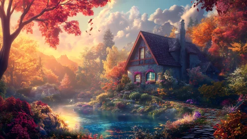 Sunset-lit cottage hums softly beneath a spellbound autumn sky