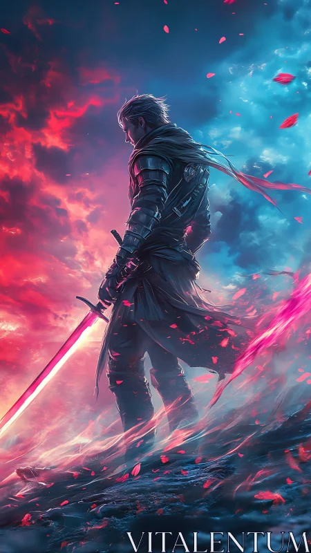 Armored swordsman in colored atmospheric landscape at dusk.