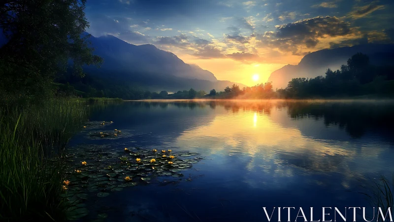 Sunrise over alpine lake renders luminous atmospheric reflections