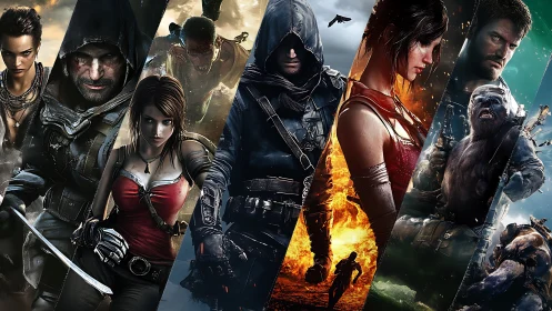 Cinematic montage of gritty 3D game heroes and violent foes