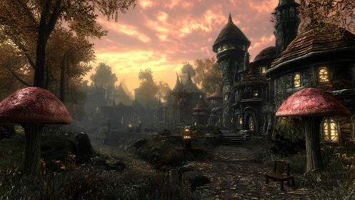 Fantasy village glows beneath a dramatic amber sunset sky