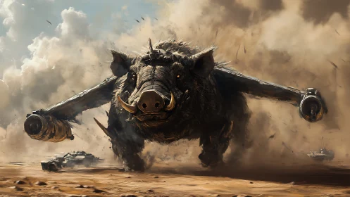 Armored war boar hybrid charges through desert battlefield