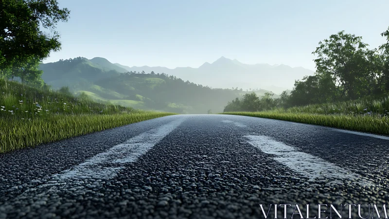 Low-angle view shows asphalt road receding toward hills