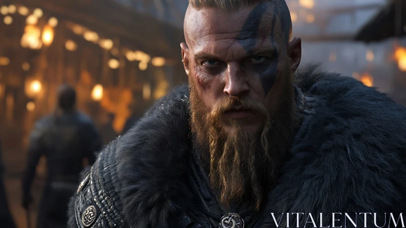 Battle-hardened Viking warrior glares through firelit mist
