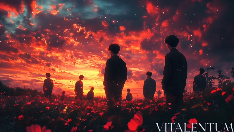 Silhouetted figures observe volumetric crimson sunset over poppy field