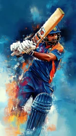 Cricket batter in dynamic blue and orange digital artwork.