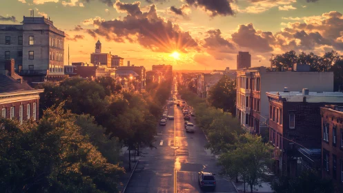 Golden sunset glows over a quiet tree lined city street