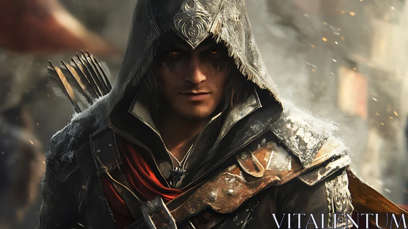 Hooded fantasy rogue archer with weathered leather armor