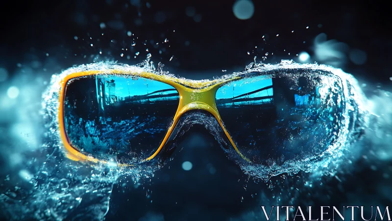 Splash-ready yellow sunglasses riding a wave of water.