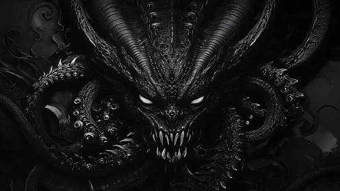 Abyssal horned leviathan grins from swirling black tides.