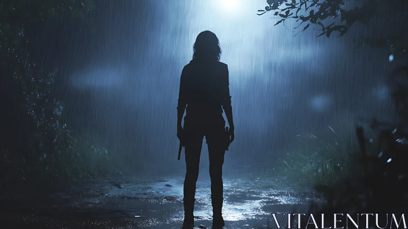 Silhouetted armed figure in blue backlit night rain scene.