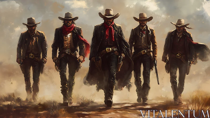 Five gunslingers stride through dusty western frontier.