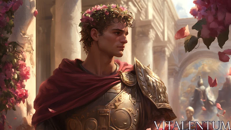 Laurel-crowned young legionary pauses amid falling petals