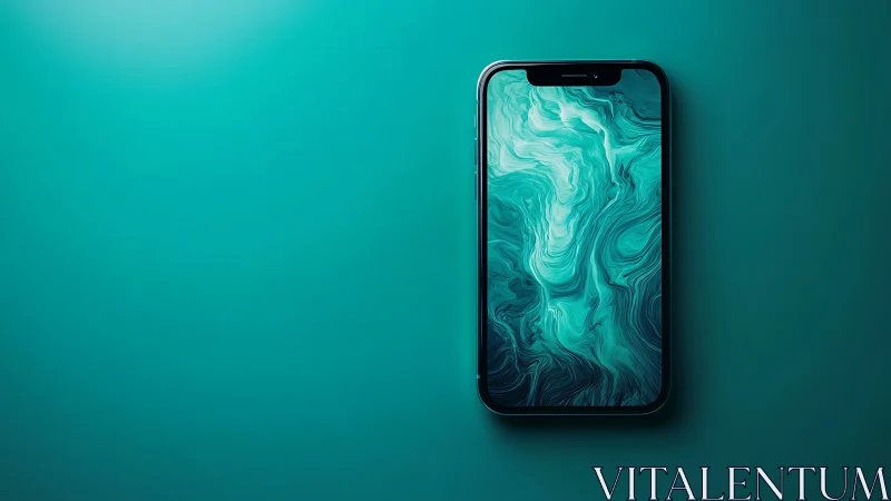 Smartphone with Liquid Turquoise Wallpaper Display.
