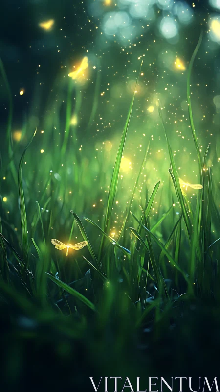 Glowing fireflies drift among dewy grass in a twilight meadow