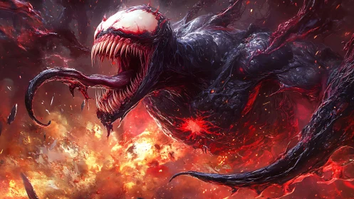 Monstrous symbiote creature amid explosive fiery chaos.