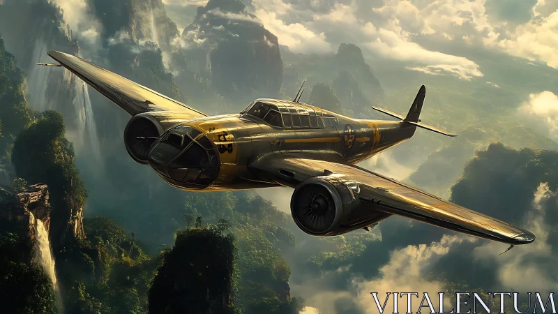Vintage military aircraft glides above misty jungle peaks.