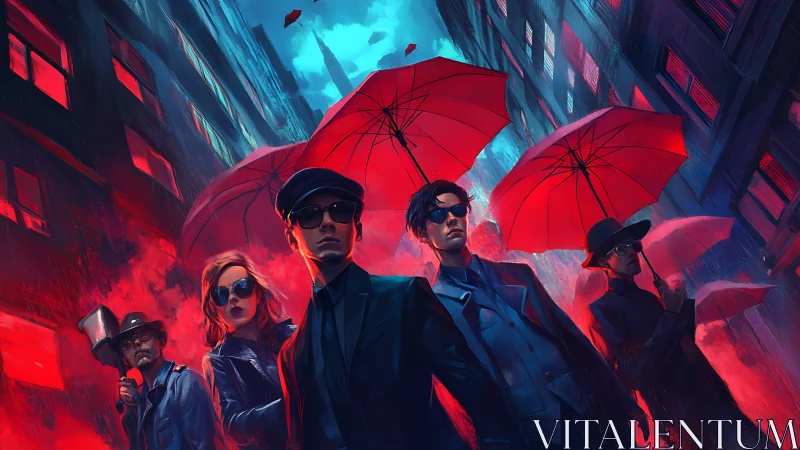 Neo-noir agents under red umbrellas in rain-soaked alleyway