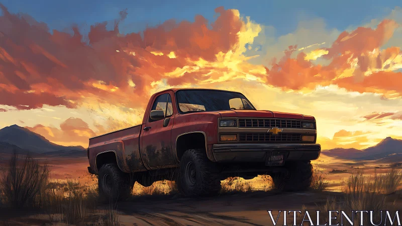 Sunburnt pickup watches a wildfire sunset over dusty plains.
