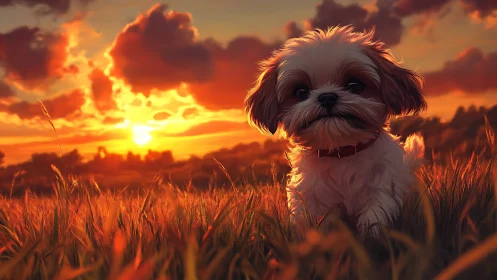 Small dog in tall grass under vivid sunset sky.