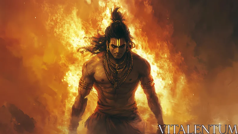 Blazing warrior strides through fire with intense calm strength