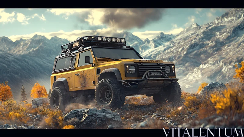 Yellow trail titan pauses proudly beneath cold mountain crowns