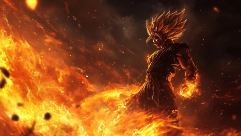 Fiery anime warrior charging power in molten landscape.