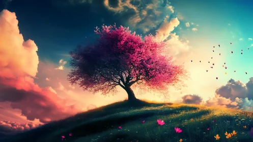 Blossoming pink tree crowns sunlit hill at vivid sunset.