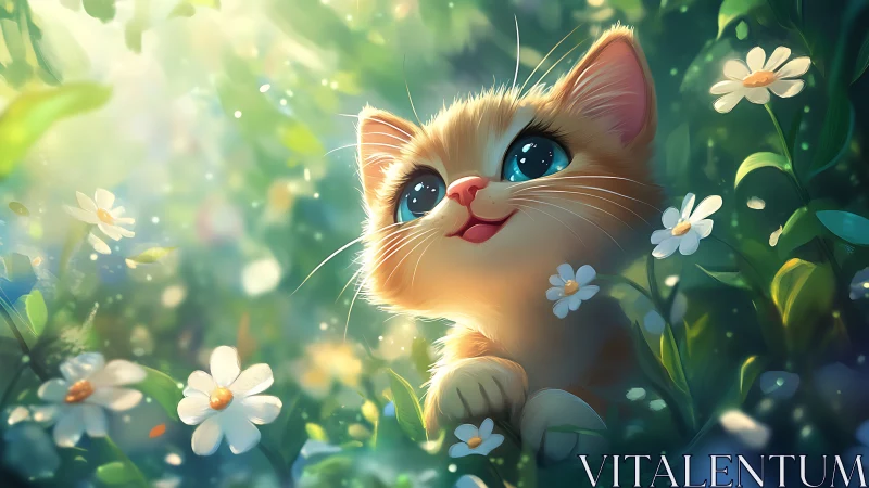 Playful Orange Kitten Surrounded by Blooming Flowers and Soft Sunlight