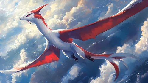 Crimson-winged dragon soars through luminous painted skies