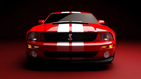 Red muscle car showcases bold racing stripes and stance.