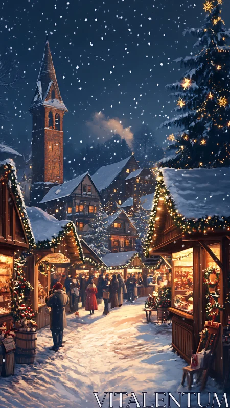 Snowy village Christmas market glows with warm stall lights