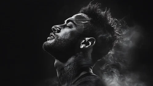 Profile portrait of tattooed man emerging from smoke