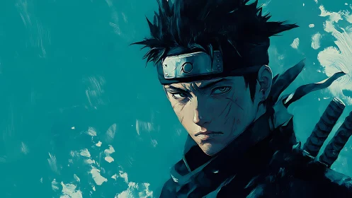 Stoic anime swordsman glares through teal storm light.