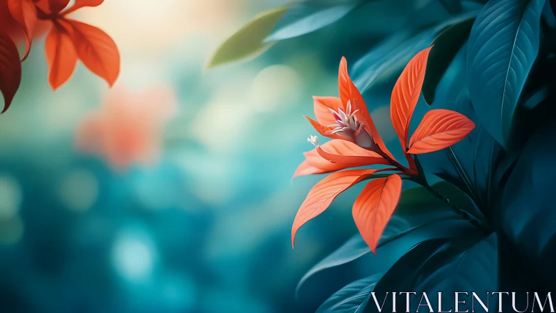 Coral Blossoms Against Teal Foliage.