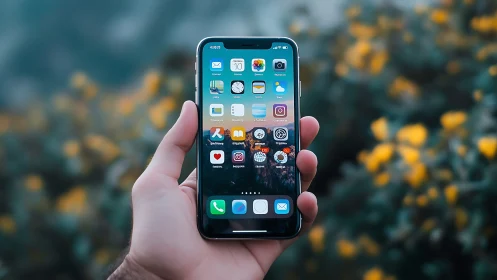 Hand Holding iPhone with Colorful App Home Screen.