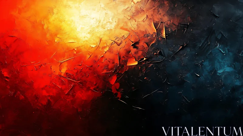 Abstract fiery and dark textured painting in bold colors.