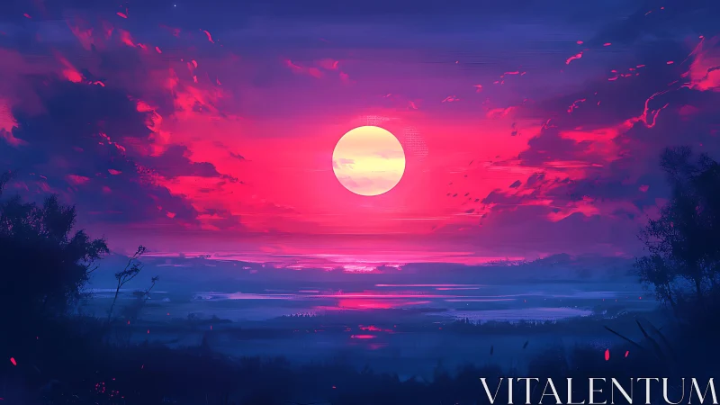 Neon moonrise soaking a dreamlike horizon in magenta fire.