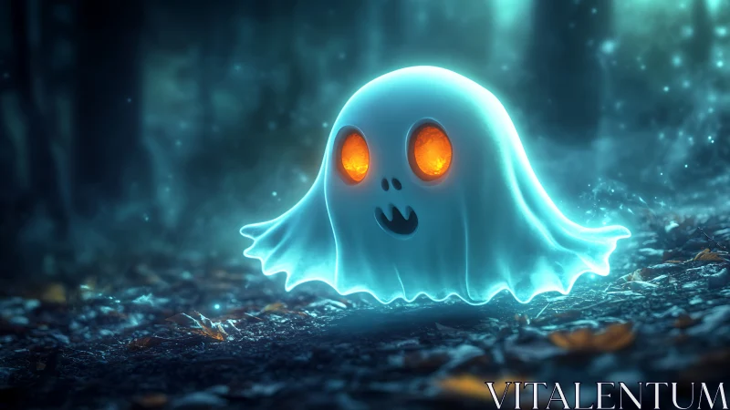 Playful glowing ghost drifts softly through a misty forest
