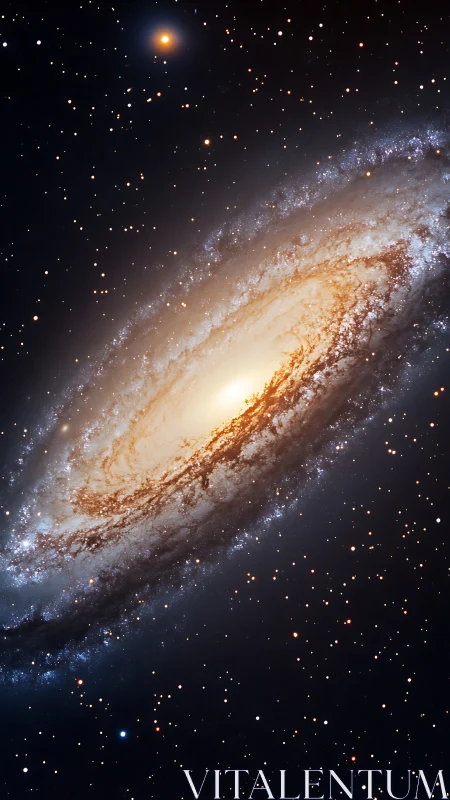 Oblique spiral galaxy disk with luminous bulge and starfield.