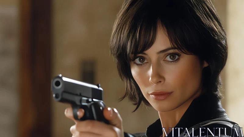 Tactical close-up of armed woman with semi-automatic pistol.