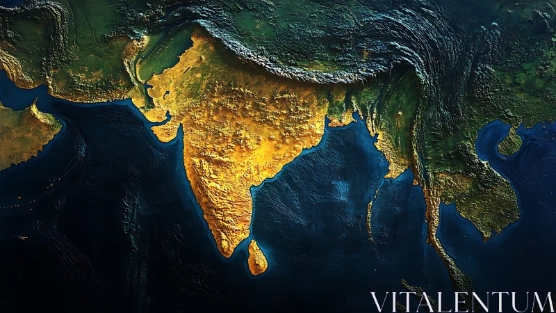 Topographic 3D rendering of the Indian subcontinent at dusk.