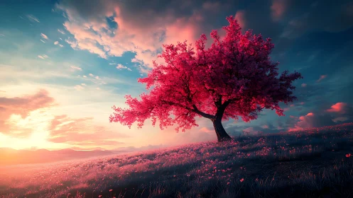 Luminous pink dreamtree basking in a twilight meadow glow.