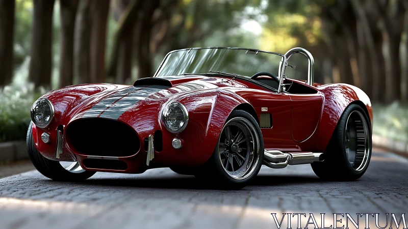 Red classic roadster parked on tree lined avenue street.