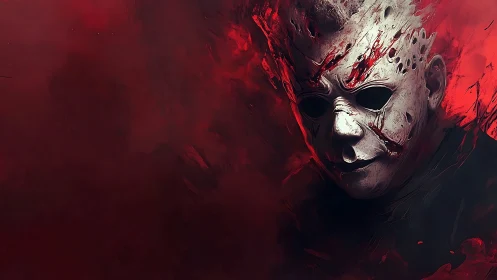 Masked figure with damaged white mask on red background.