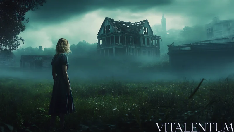 Solitary woman confronts eerie fog-shrouded ruined house.