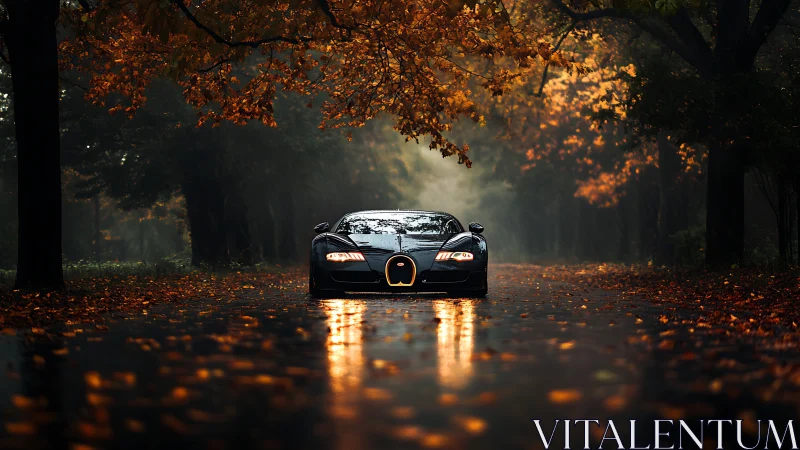 Low-angle hypercar framed by wet autumn avenue and specular reflections