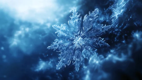 Glistening winter snowflake floating in a dreamy blue glow.