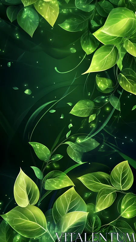 Glowing green leaves on dark abstract botanical background.