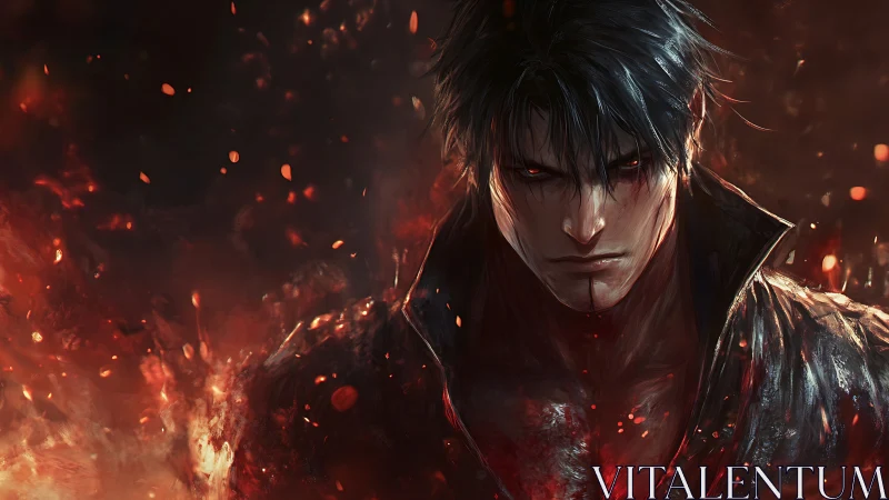 Dark-haired male figure amid embers and red illumination.